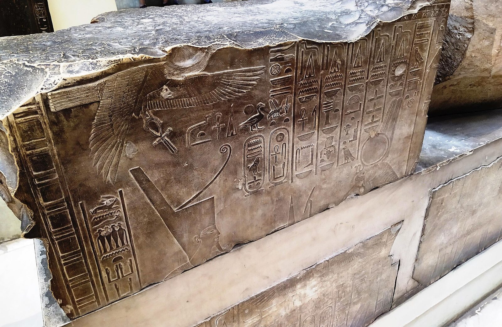 Detailed surface of an ancient Egyptian sarcophagus in the Egyptian Museum